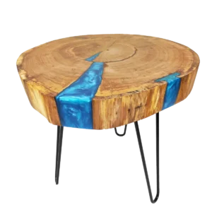 Stolik kawowy z niebieską żywicą nóżki harpin legs
