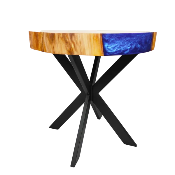 Stolik kawowy Bukowy do salonu z niebieską żywicą nogi X (2)