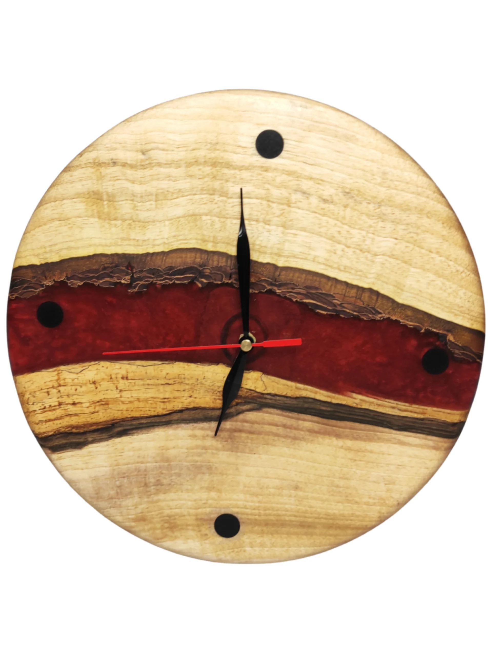 Zegar drewniany ścienny z czerwoną żywicą