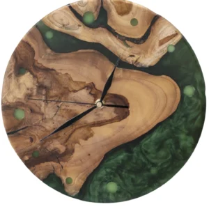 Zegar z drewna egzotycznego tekowego z zieloną żywicą