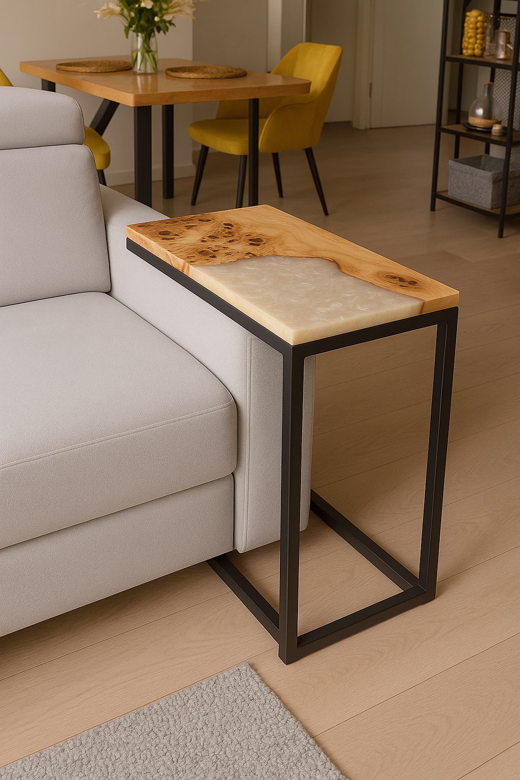 Stolik Pomocniczy z Topoli i Białej Perłowej Żywicy 50cm 6 Stolik Boczny z Drewna i Perłowej żywicy