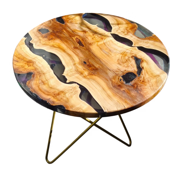 Stoły z żywicy, Stoliki kawowe, Strona główna Madej-handmade 8 Stolik Kawowy z Drewna Klonu i Żywicy Złote Nóżki 60cm