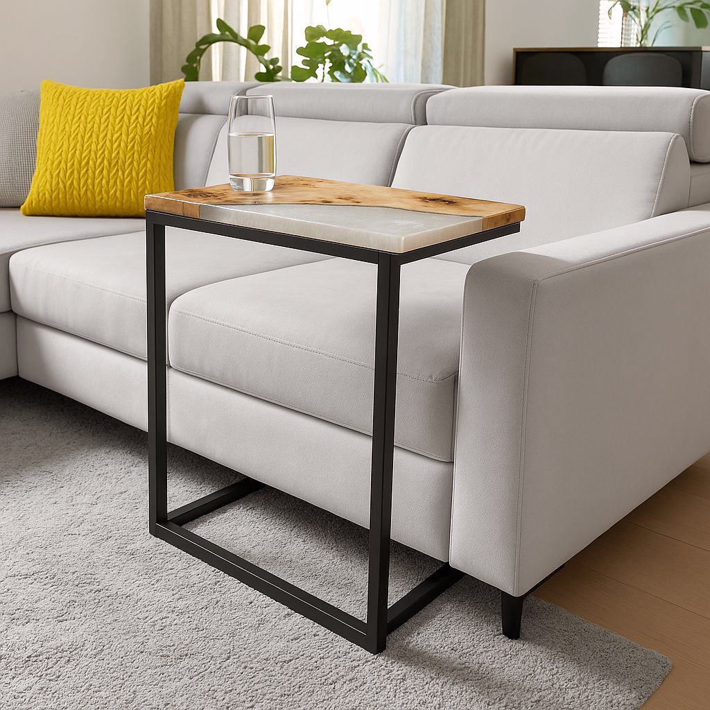 Stolik Pomocniczy z Topoli i Białej Perłowej Żywicy 50cm 5 Stolik z Topoli Pomocniczy