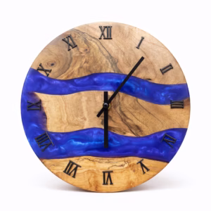 Zegar Ścienny z Drewna Orzecha i Niebieskiej Żywicy 30 cm _ Ręcznie Wykonany Design