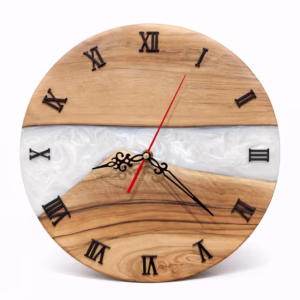 Zegar ścienny z drewna orzecha i białej żywicy 30 cm – ręcznie wykonany, nowoczesny design