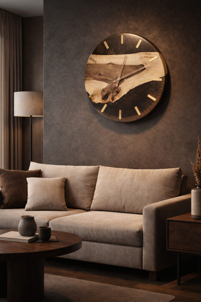 Zegar z Drewna Orzecha i Złotej Żywicy w Eleganckim Salonie