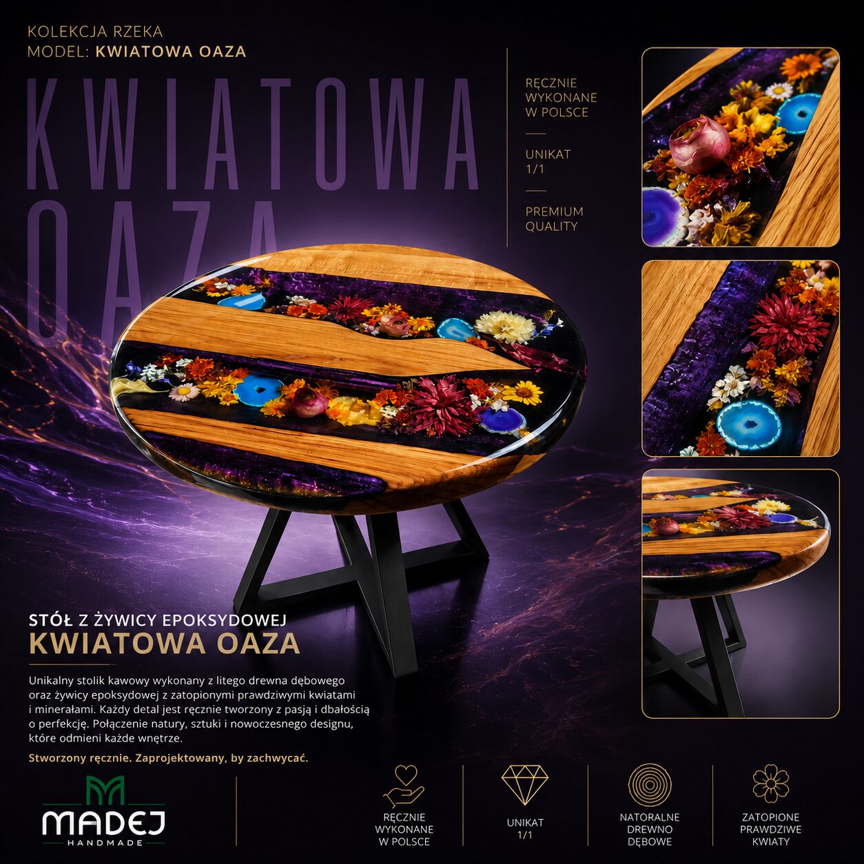 Stolik z Kwiatami Zatopionymi w Żywicy Chameleon 60cm 2 Stolik z kwiatami w żywicy 60cm Czarny Stelaż Madej Handmdade