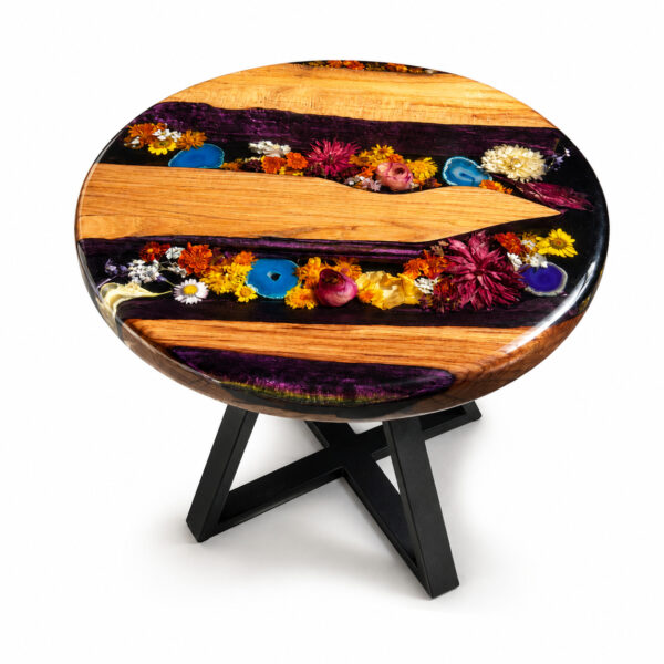 Stoły z żywicy, Stoliki kawowe, Strona główna Madej-handmade 10 stolik kawowy z drewna dębowego, kwiatów i fioletowej żywicy epoksydowej – Madej Handmade