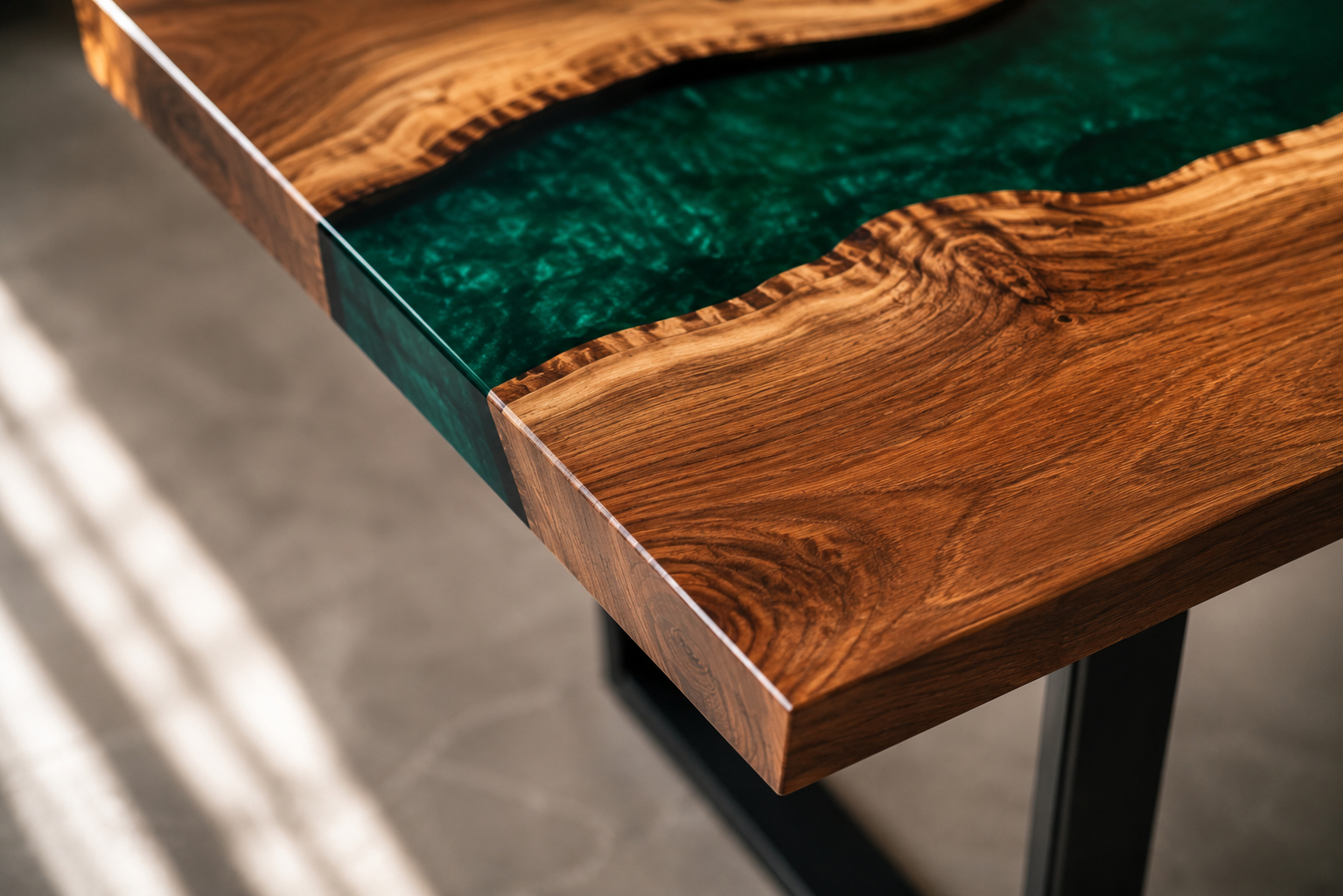 3 Detal transparentnej żywicy i perłowej zieleni w stole River Table Madej Handmade
