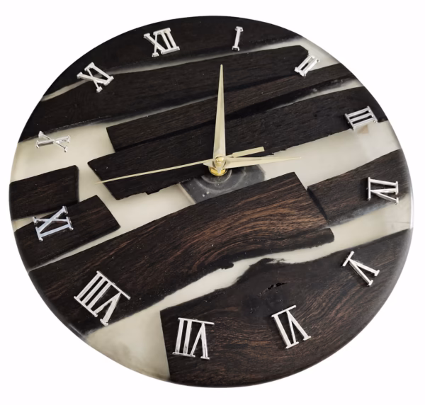 Stoły z żywicy, Stoliki kawowe, Strona główna Madej-handmade 9 Zegar ścienny „Perłowa Noc Czarnego Dębu” 30 cm