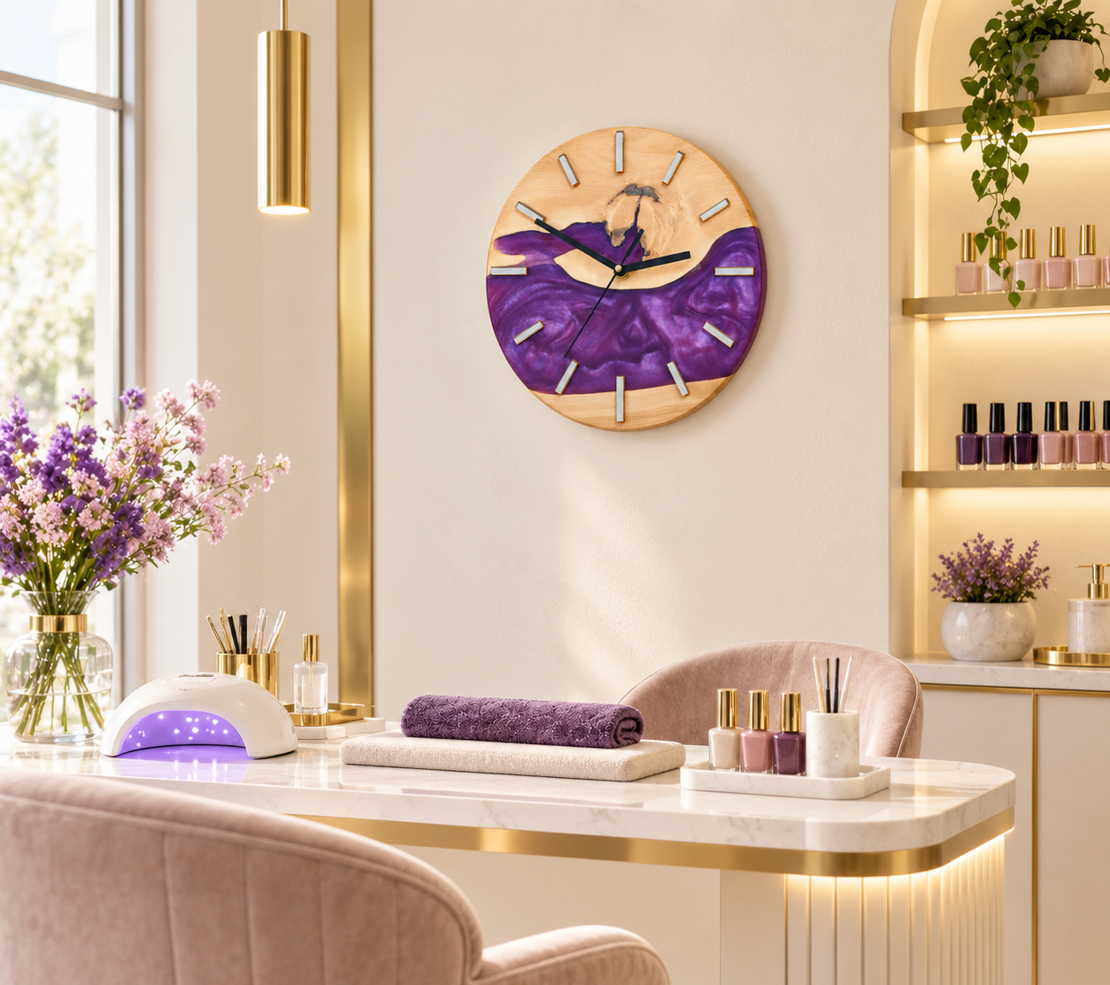 Zegar Ścienny z Jesiona i Fioletowej Żywicy 30 cm 2 Prezentacja Jak wygląda Zegar w Salonie Beauty